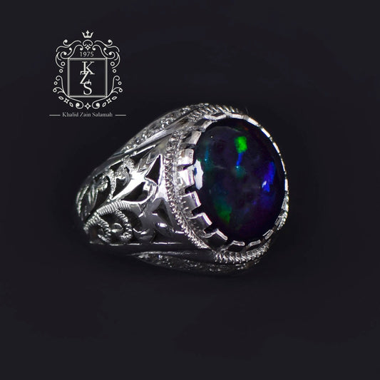 خاتم رجالي فضة بحجر الأوبال الأسود