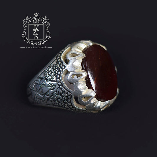 خاتم رجالي عقيق يماني كبدي فضه شغل حفر برتاش