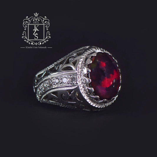 خاتم رجالي فضة بحجر الأوبال ومرصع بأحجار الزرقون