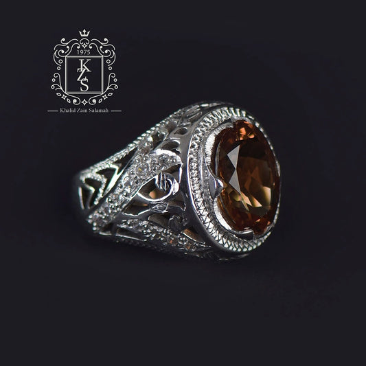 خاتم رجالي فضة بحجر  سلطانايت ومرصع بأحجار الزرقون