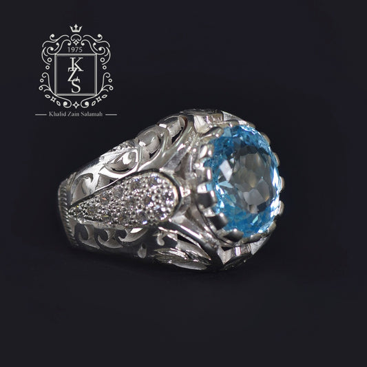 خاتم رجالي فضة بحجر التوباز الأزرق