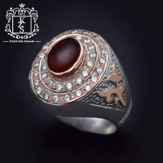 خاتم رجالي عقيق يماني احمر مطلي بالنحاس